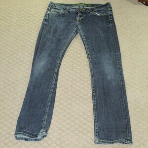 VINTAGE Vanity Kennedy Wm 29x30.5 Low Rise Slim Leg Blue Jeans w Green Stitching